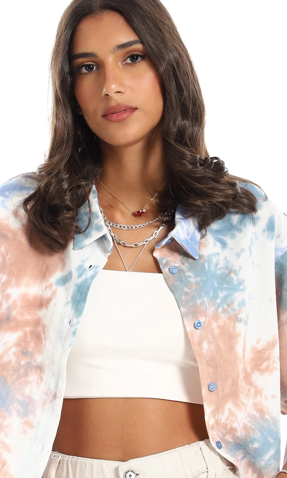 97224 Tie Dye Copped Shirt - White, Beige, Blue & Teal