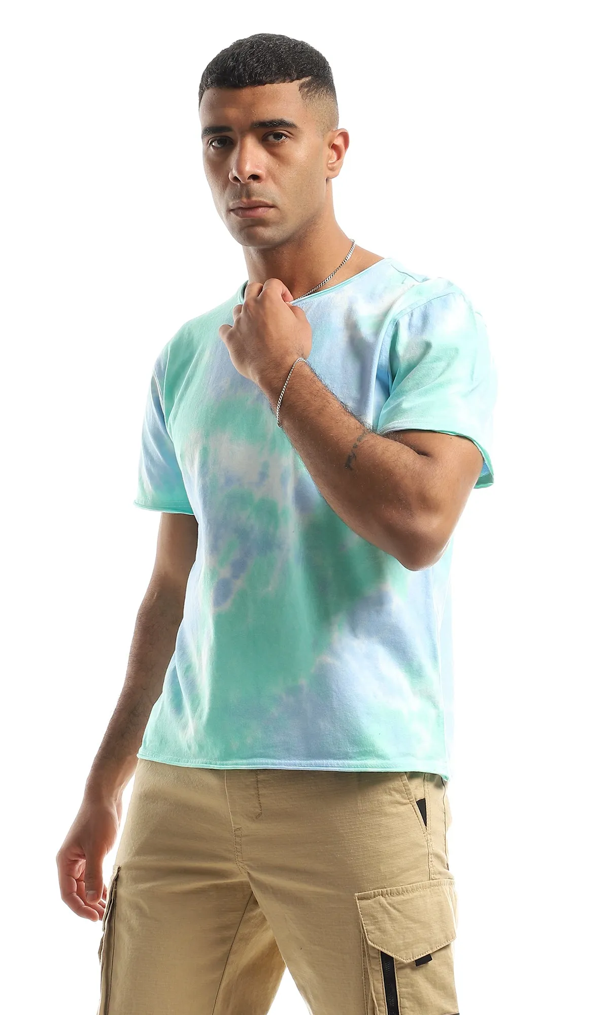 98277 Tie Dye Round Neck Trendy T-Shirt - Baby Blue & Mint