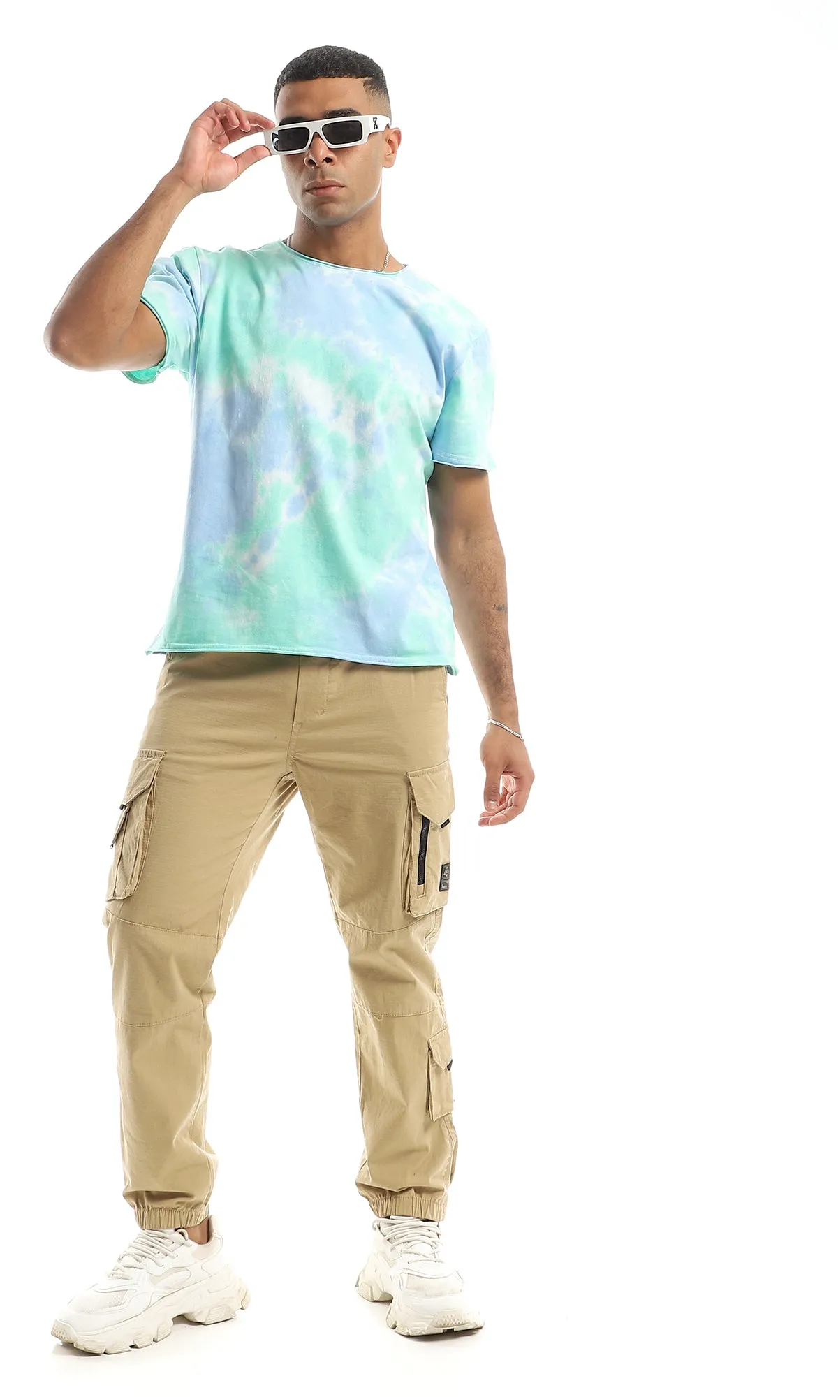 98277 Tie Dye Round Neck Trendy T-Shirt - Baby Blue & Mint