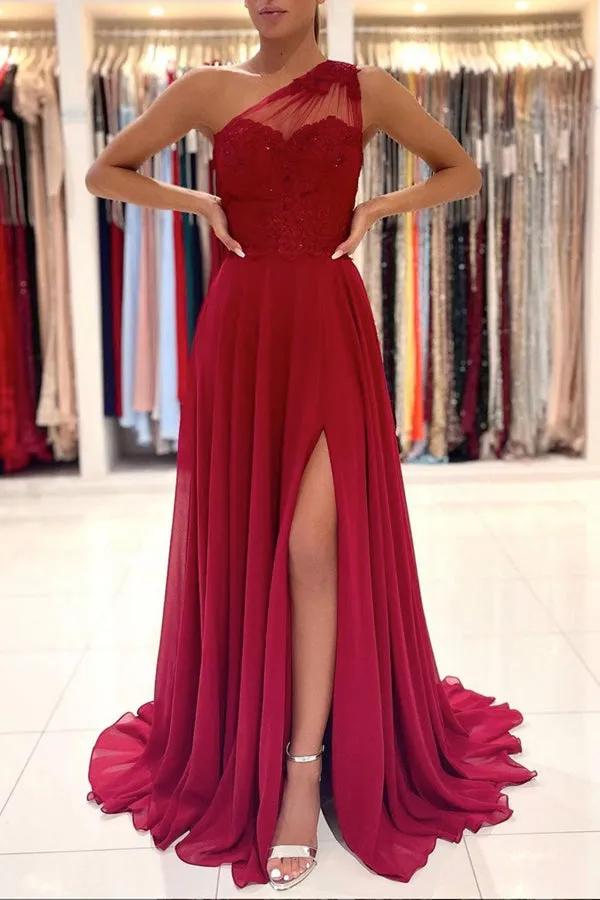 A-Line Chiffon One Shoulder Lace Long Prom Dress Formal Dress ZIK066