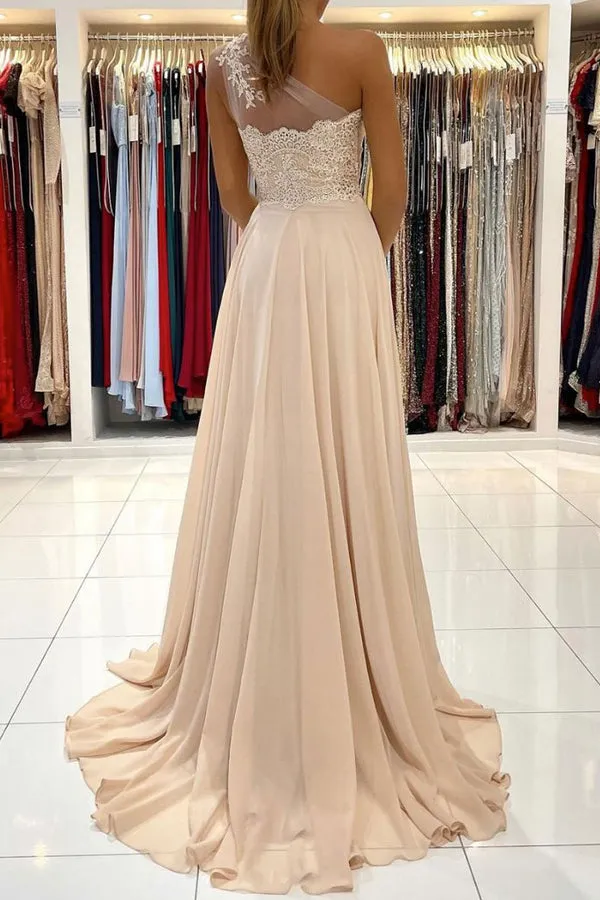 A-Line Chiffon One Shoulder Lace Long Prom Dress Formal Dress ZIK066