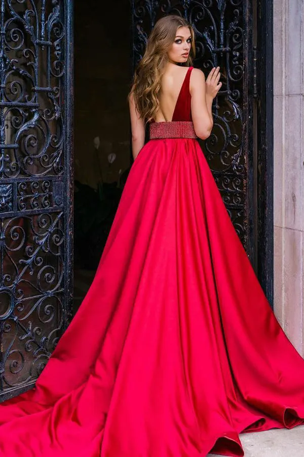 A-Line Deep V-Neck Sweep Train Red Satin Backless Prom Dress with Beading LR238