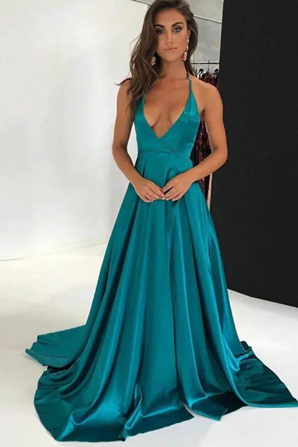 A-Line Deep V-Neck Sweep Train Turquoise Satin Backless Sleeveless Prom Dress LRA113