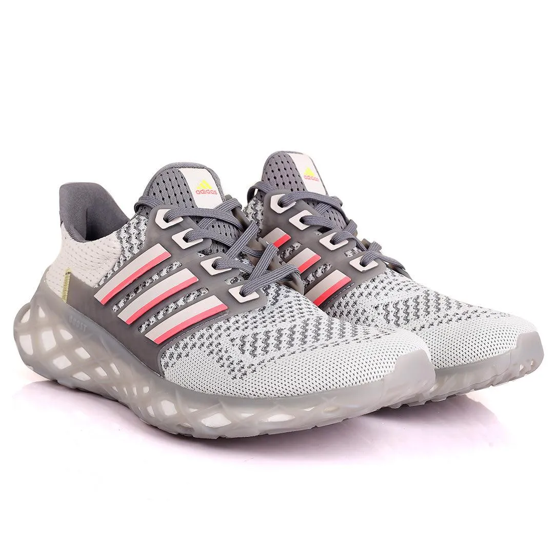 AD Boost White And Grey Designed Men's Running Sneakers With Grey Sole