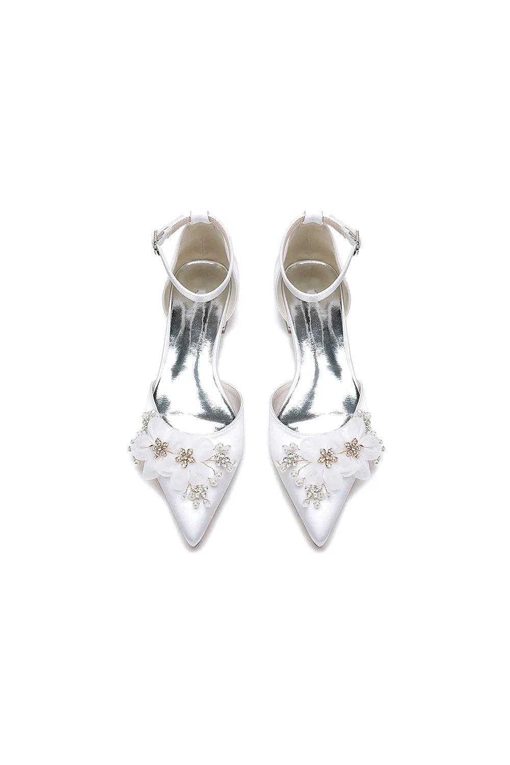 Ankle Strap Pointed Toe Low Heels with Rhinestone Flower