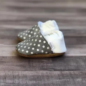 Baby Moccasins - Gray Polka Dots