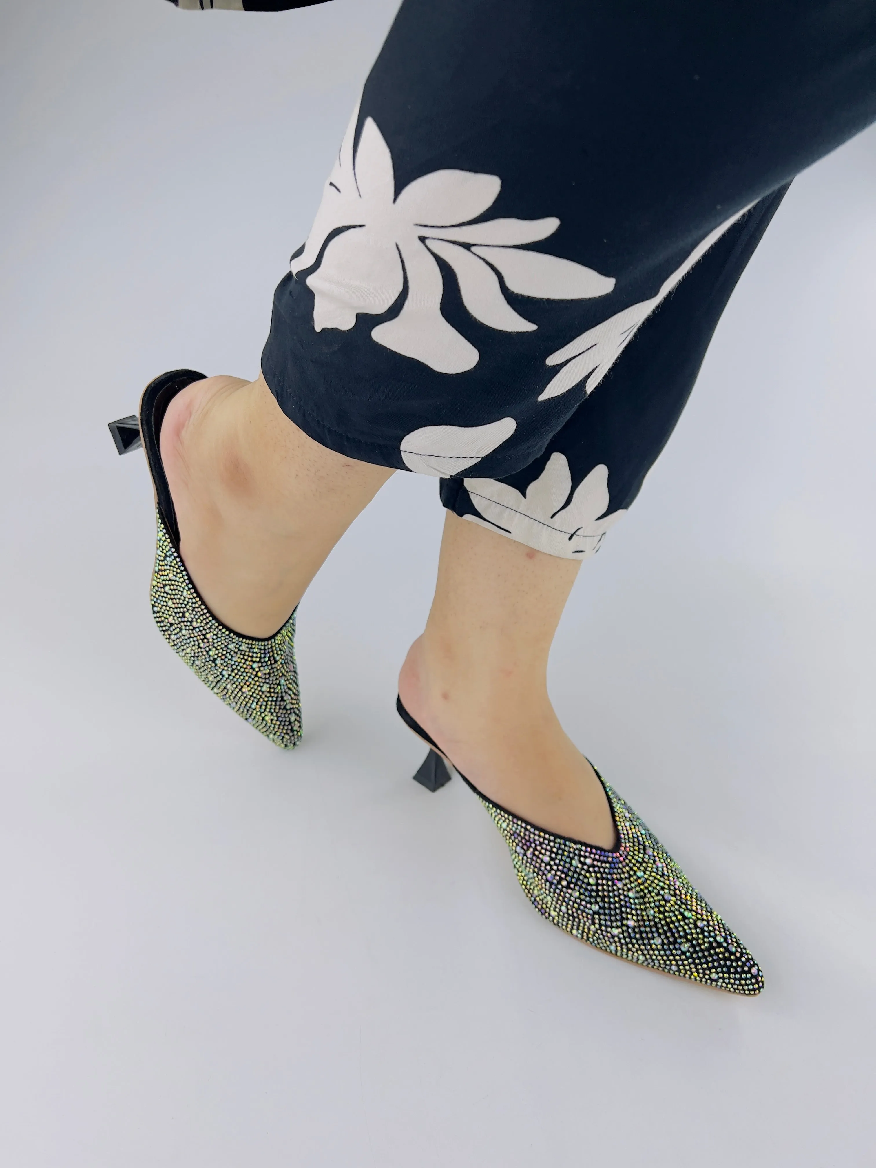 Black Diamond Rhinestone Decor Mules