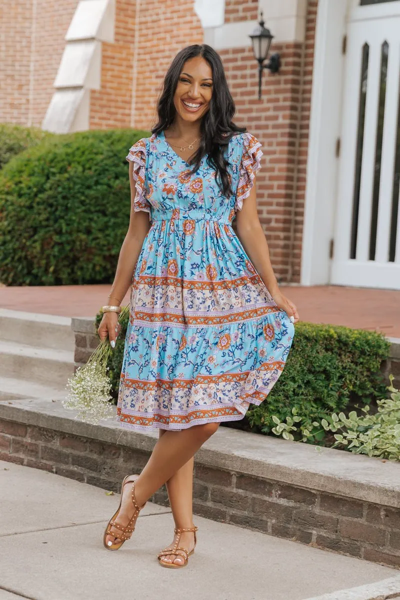 Blue Multi Border Print Pleated Midi Dress - FINAL SALE