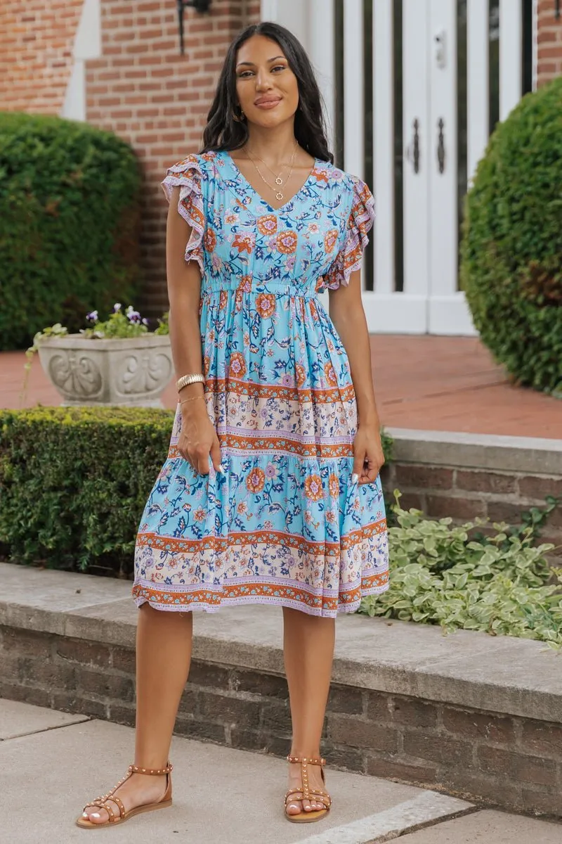 Blue Multi Border Print Pleated Midi Dress - FINAL SALE