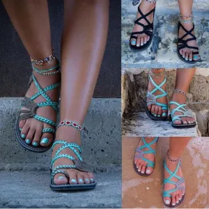 Bohemian Weave Strings Thong Pure Color Ankle Strap Women Beach Flat Sandals