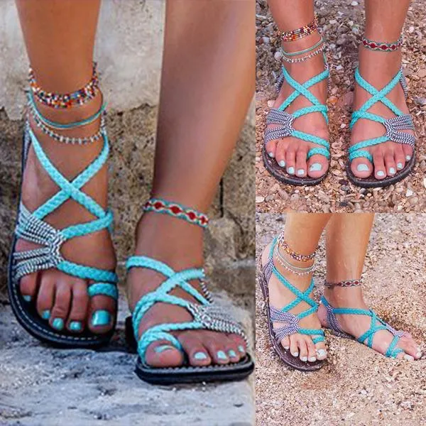 Bohemian Weave Strings Thong Pure Color Ankle Strap Women Beach Flat Sandals