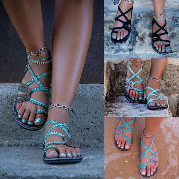 Bohemian Weave Strings Thong Pure Color Ankle Strap Women Beach Flat Sandals