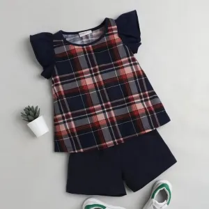 Checkered Sleeves Frill Set - Blue