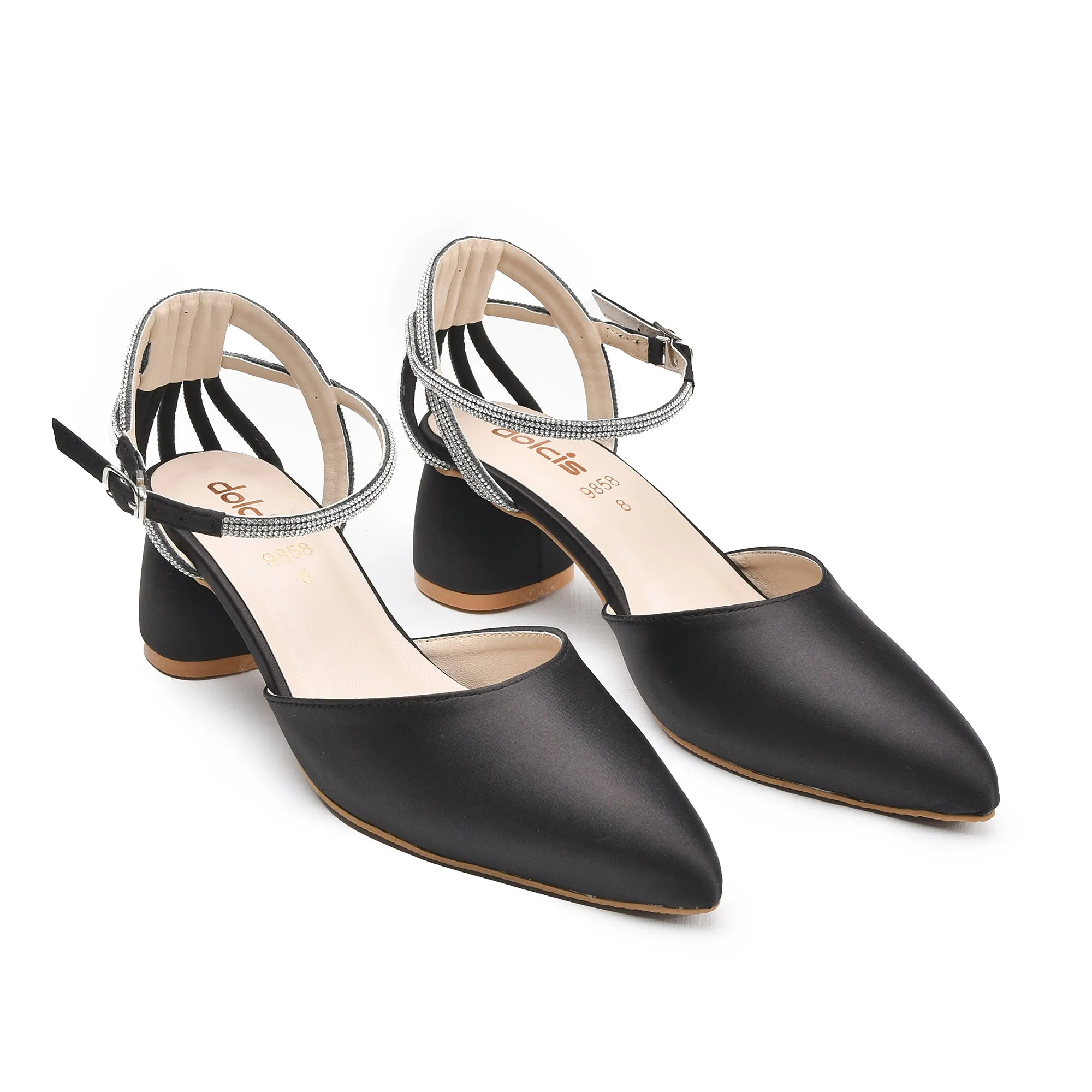 Elegant Black Ankle Strap Block Heel Pumps | 403N-C