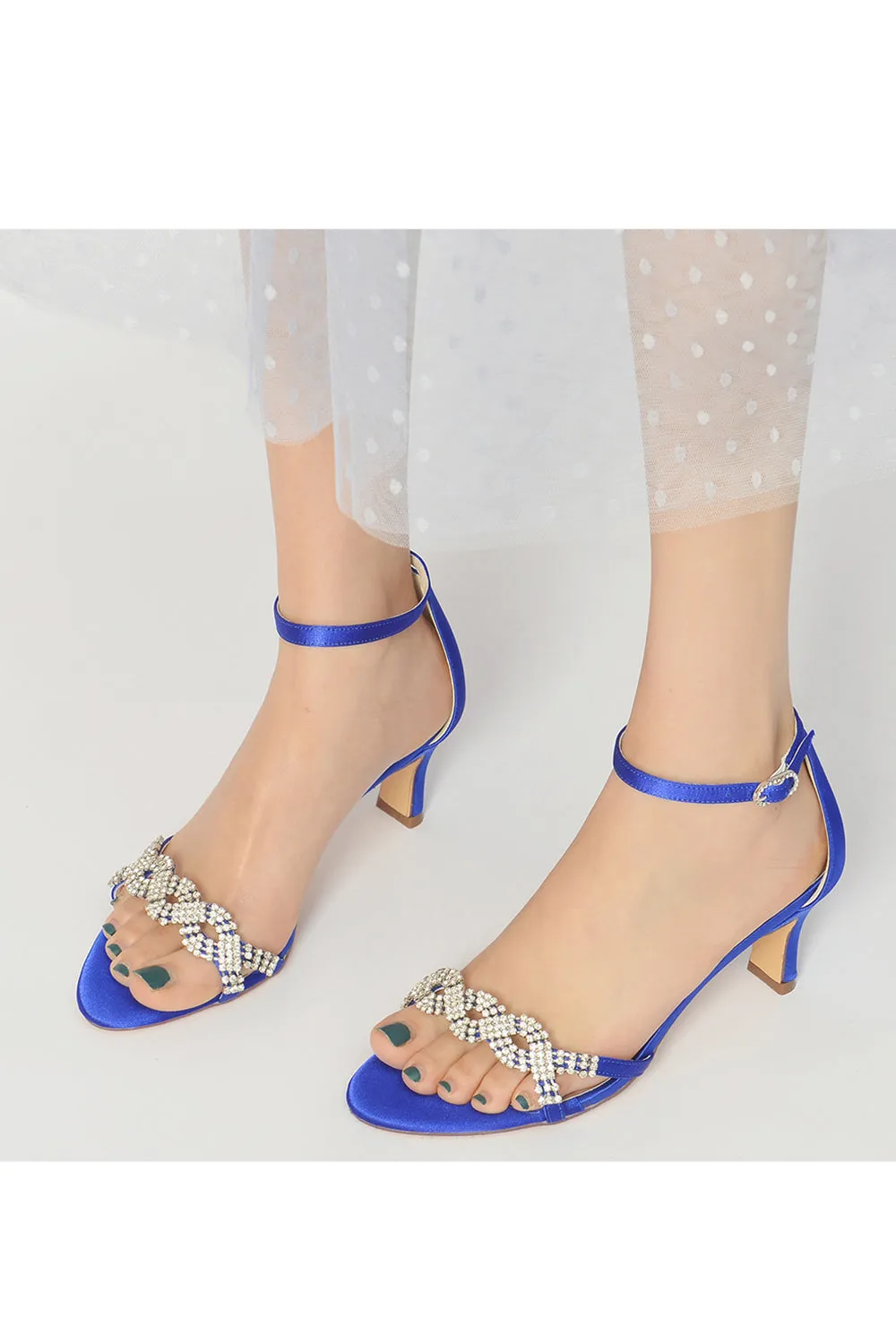 Elegant Blue Satin Pump with Silver Chain and Rhinestone Accents