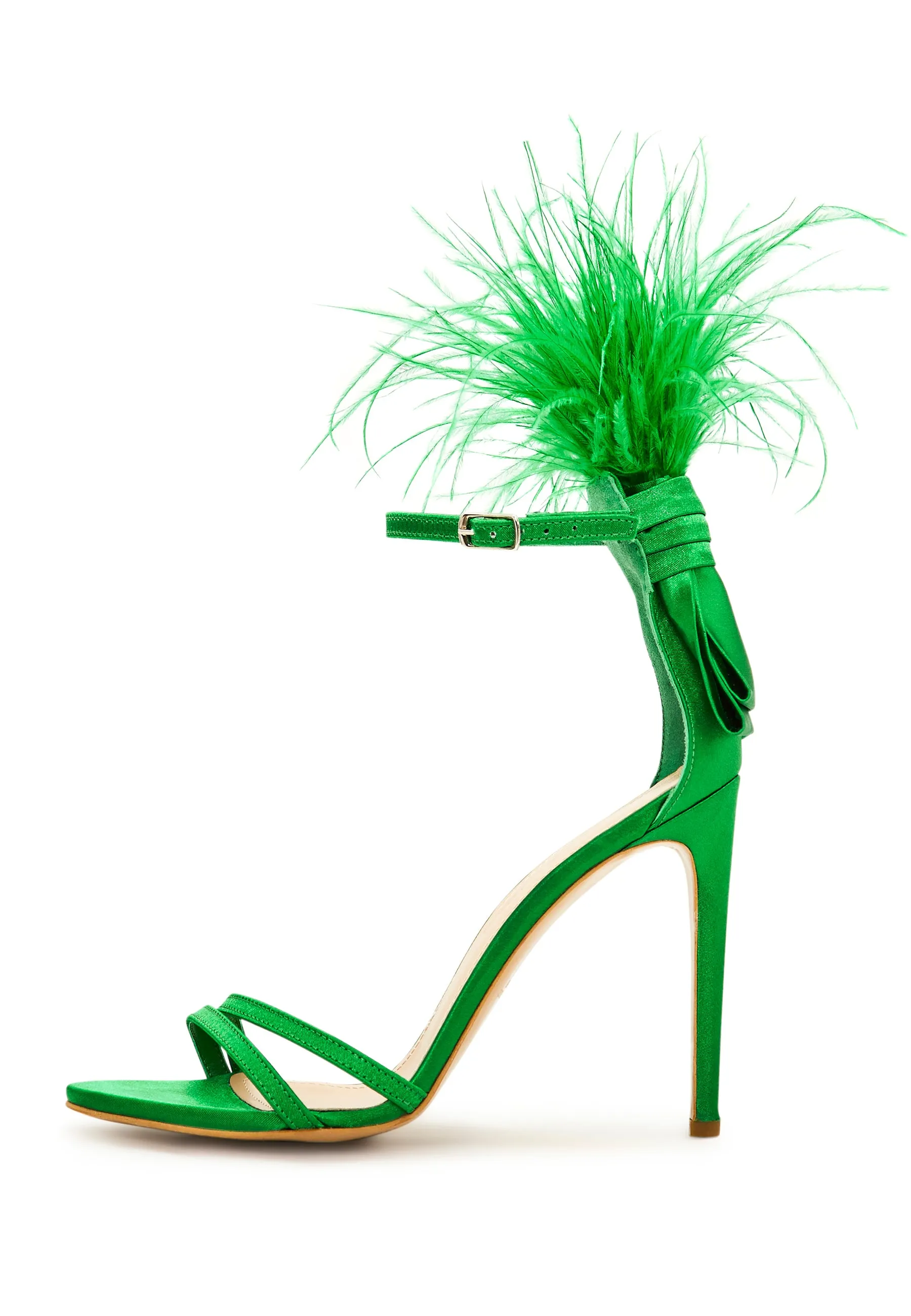 Elegant Feathered Ankle Strap Luxury High Heel Sandals - Green