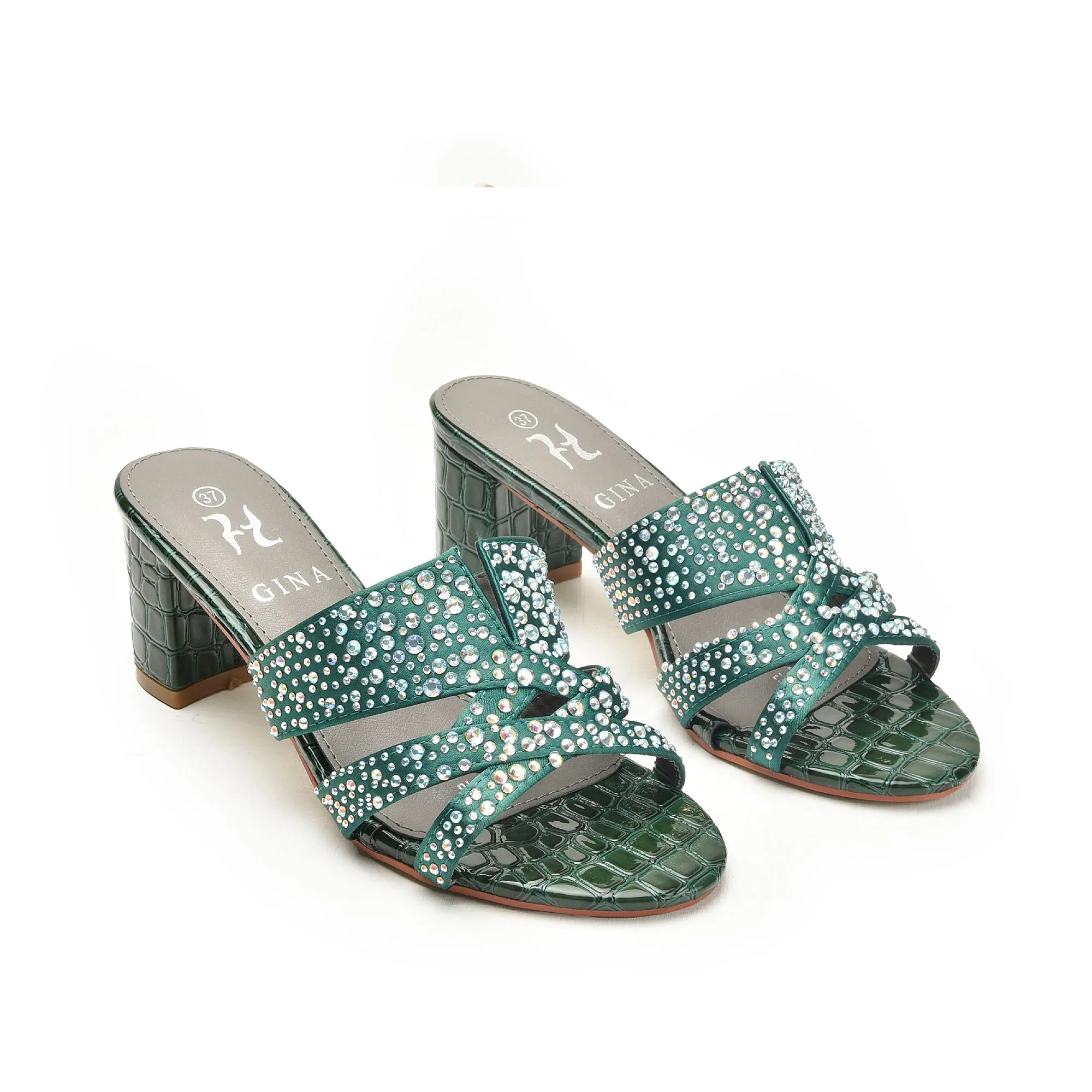 Elegant Green Beaded Block Heels | 502L-K