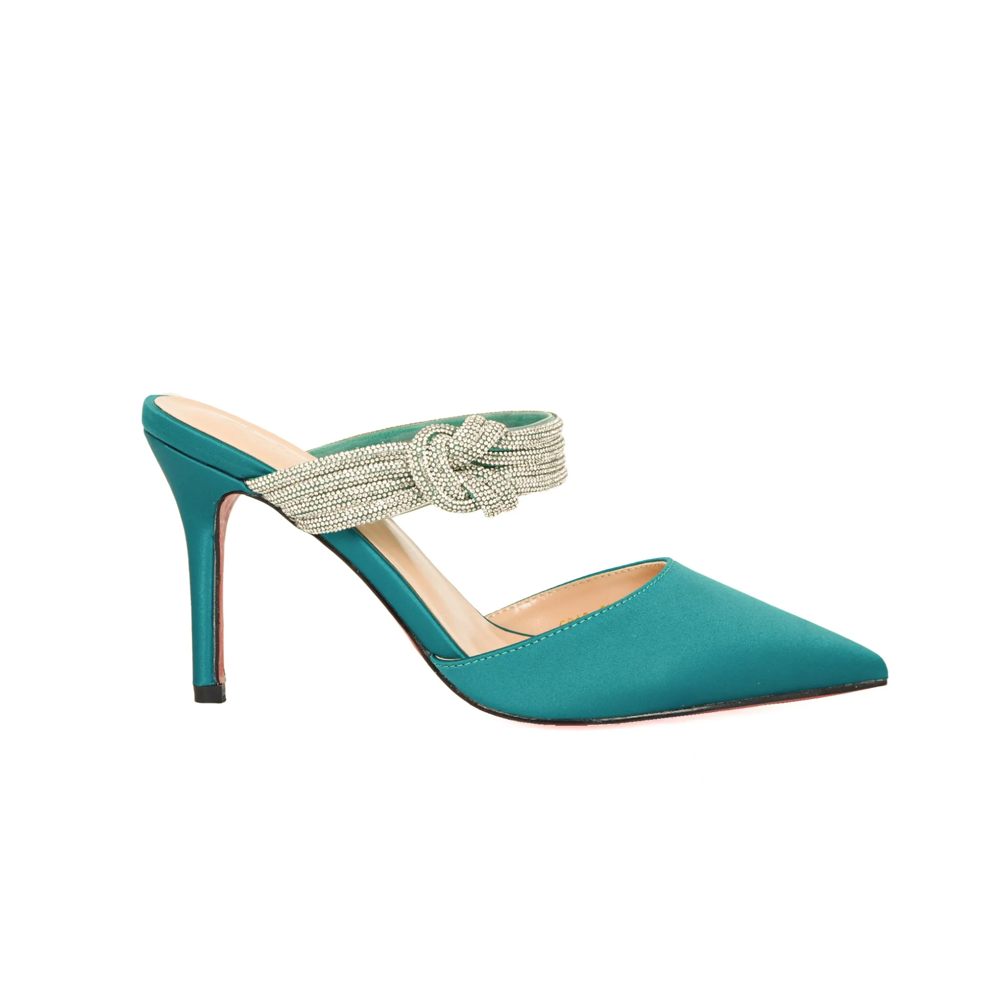 Elegant Teal Satin Mules with Embellished Knot | 494L-K