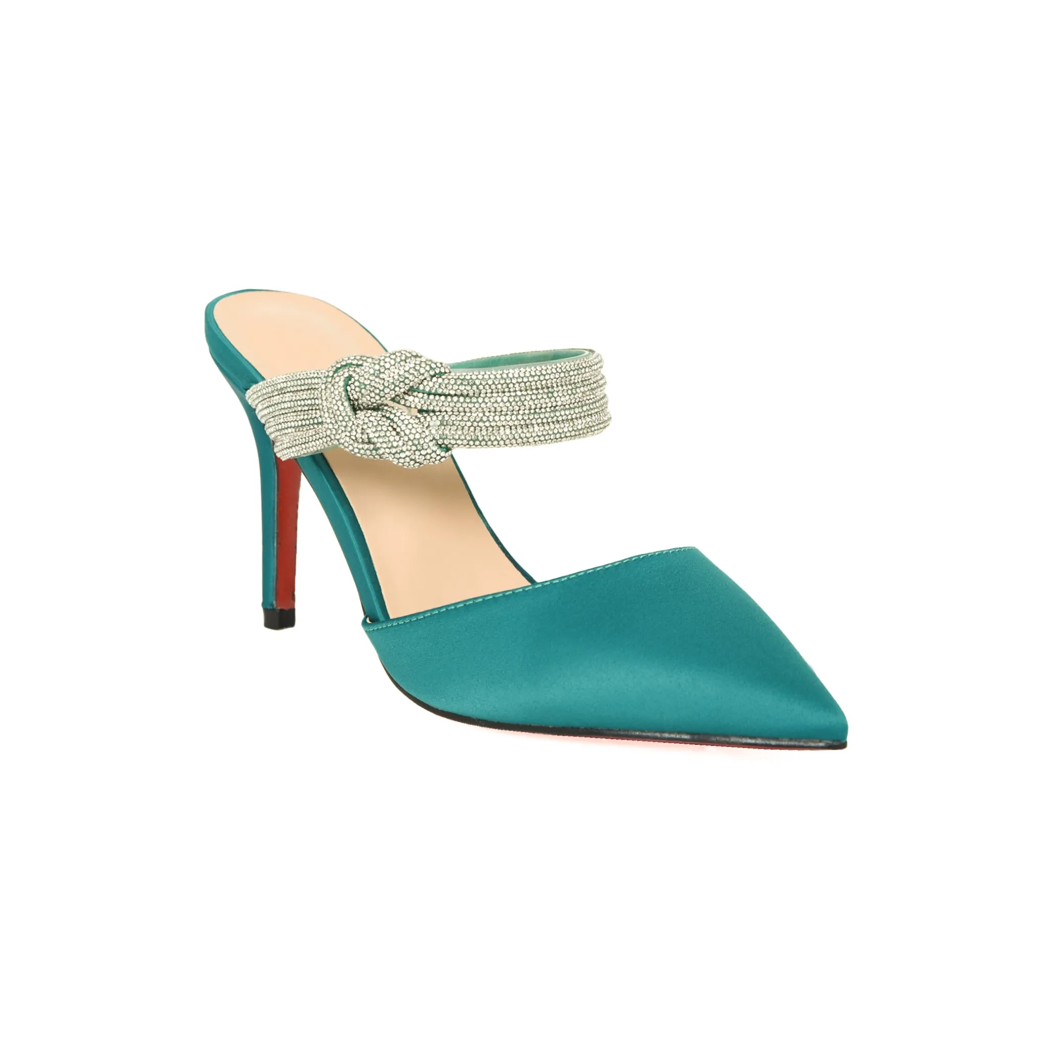 Elegant Teal Satin Mules with Embellished Knot | 494L-K