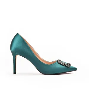 Elegant Teal Satin Pumps with Broach | 472L-K