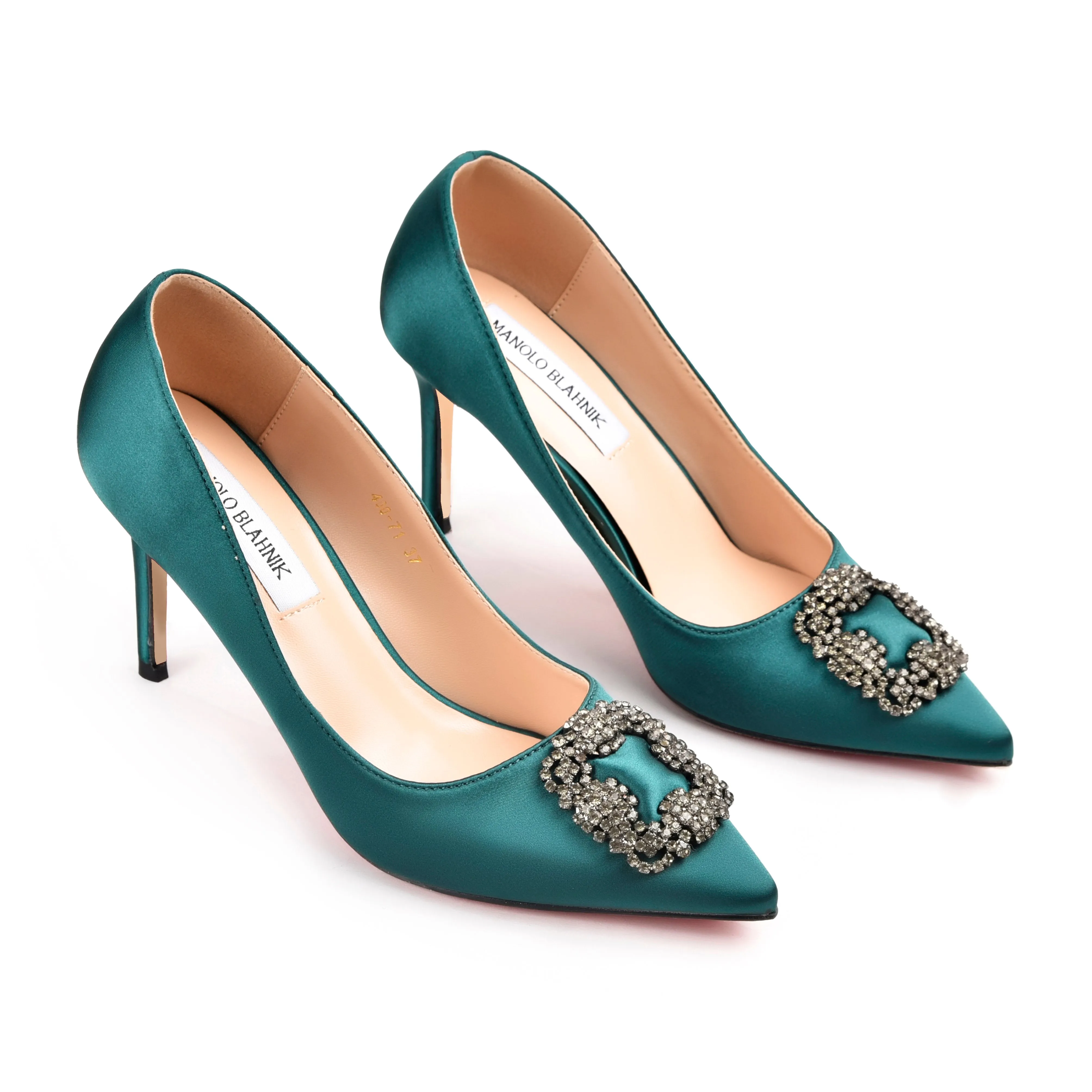 Elegant Teal Satin Pumps with Broach | 472L-K