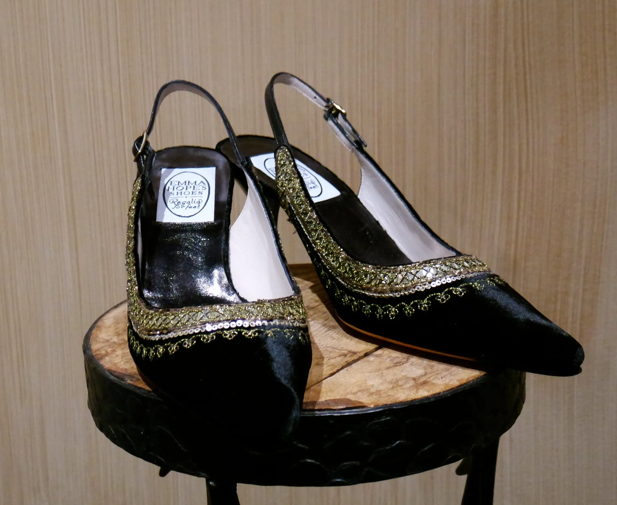 Emma Hope Black Velvet Slingback with Tunic Edge Gold Embroidery