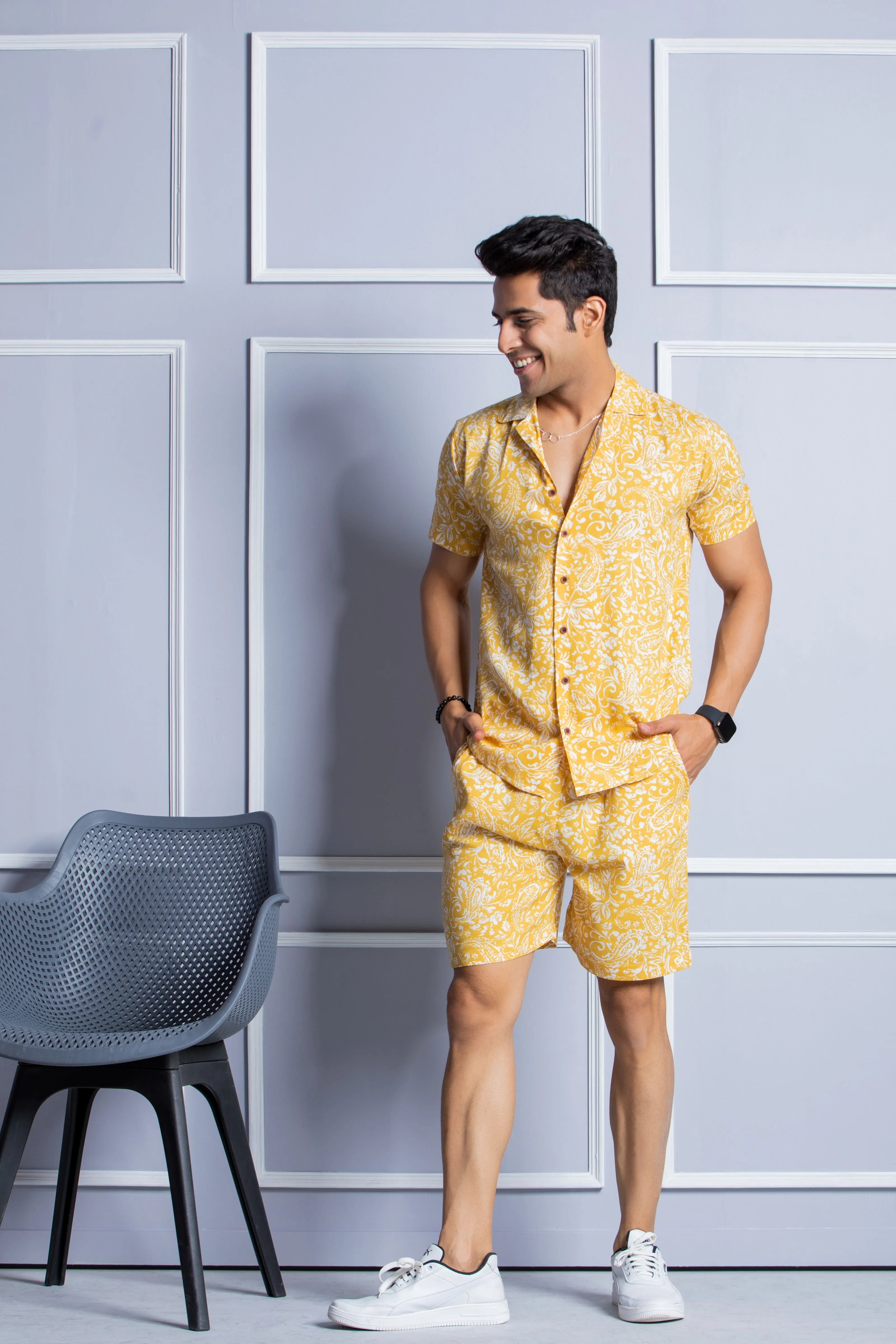 Firangi Yarn Printed Cuban Collar Yellow Floral Summer Lounge and Beach Co-ord Set For Men