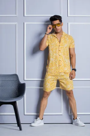 Firangi Yarn Printed Cuban Collar Yellow Floral Summer Lounge and Beach Co-ord Set For Men