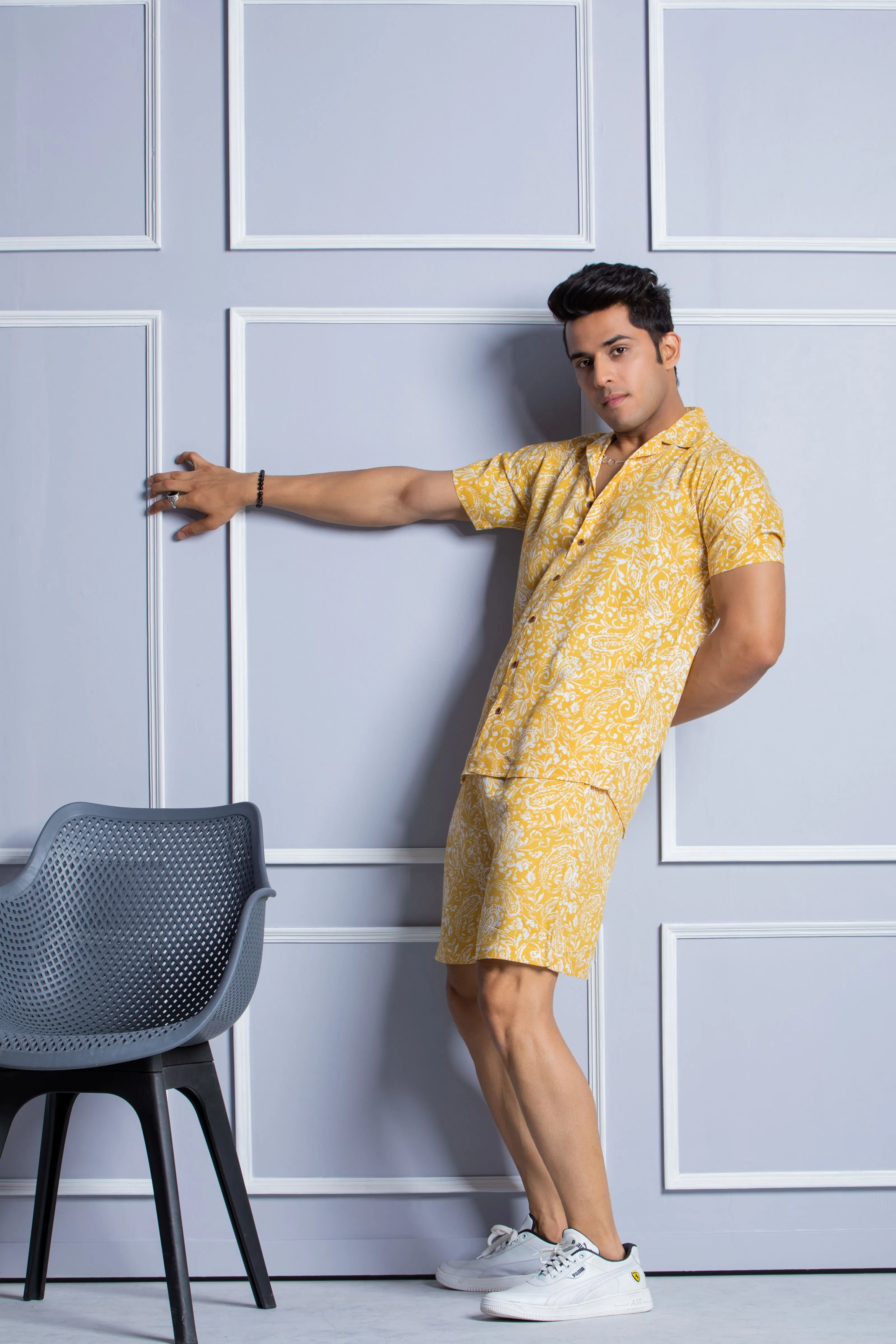 Firangi Yarn Printed Cuban Collar Yellow Floral Summer Lounge and Beach Co-ord Set For Men