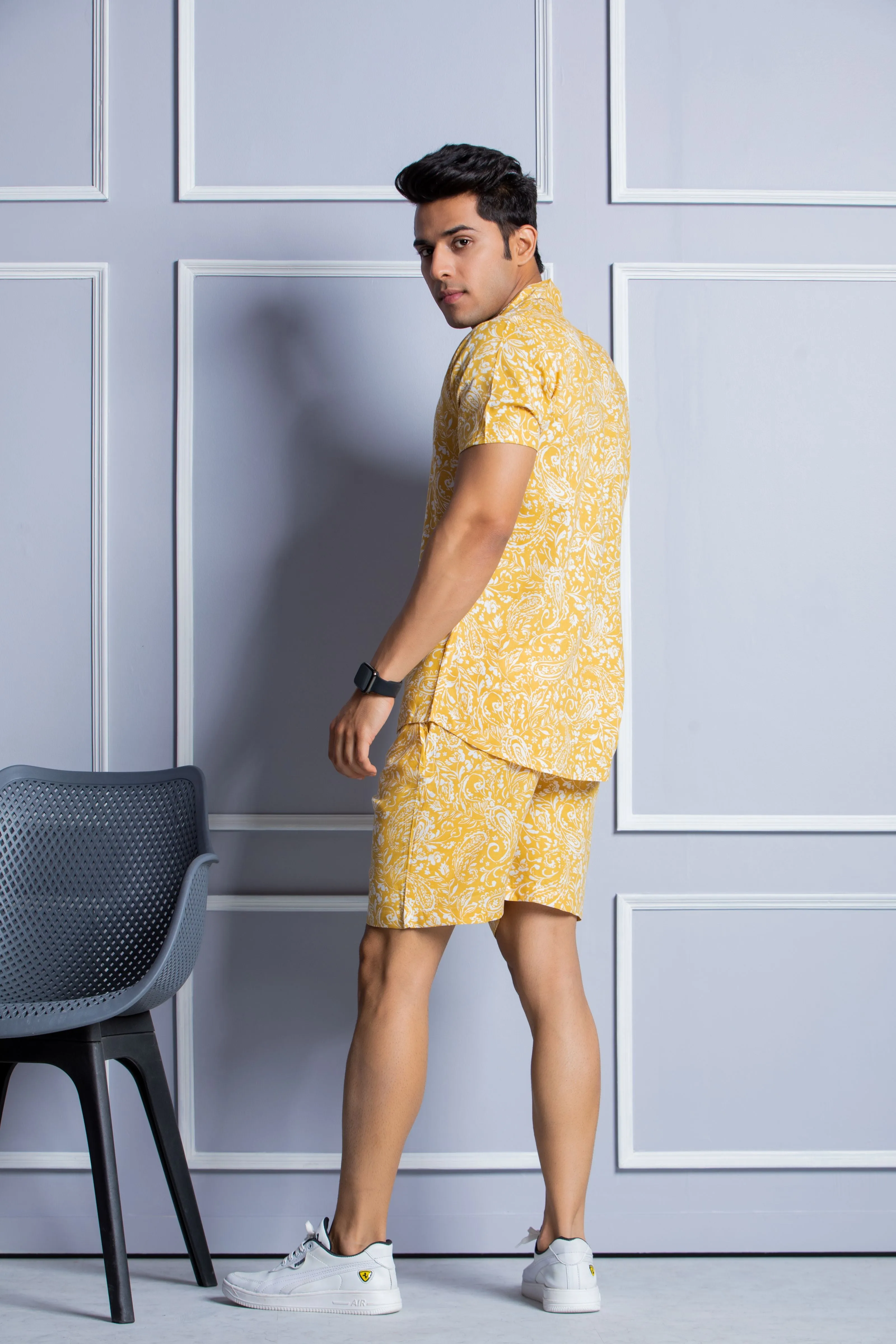 Firangi Yarn Printed Cuban Collar Yellow Floral Summer Lounge and Beach Co-ord Set For Men