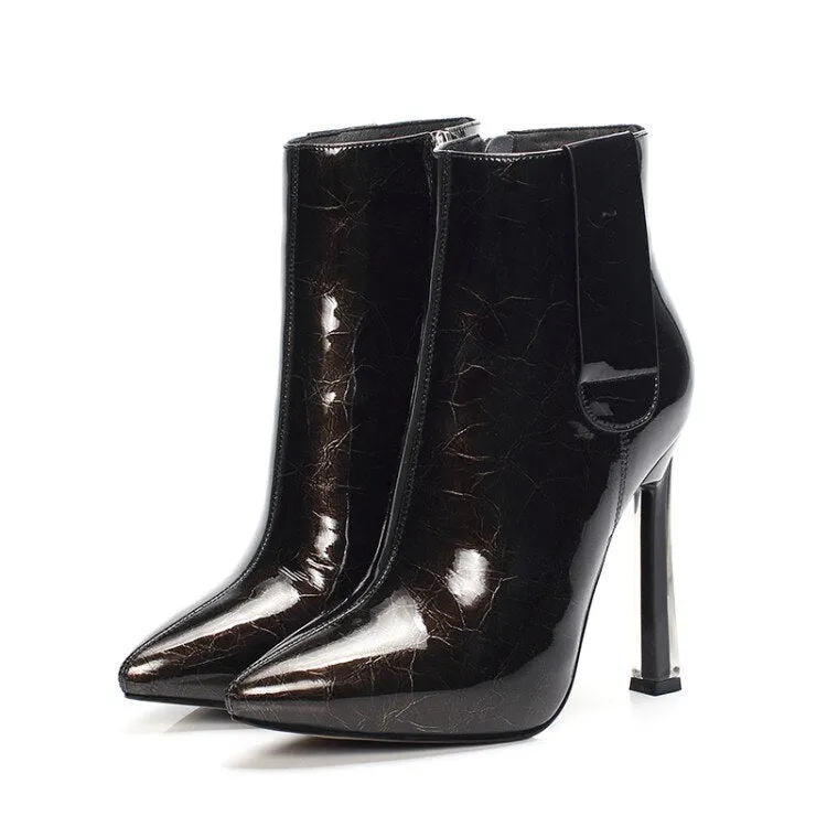 Genuine Leather Crystal Thin Heels Ankle Boots