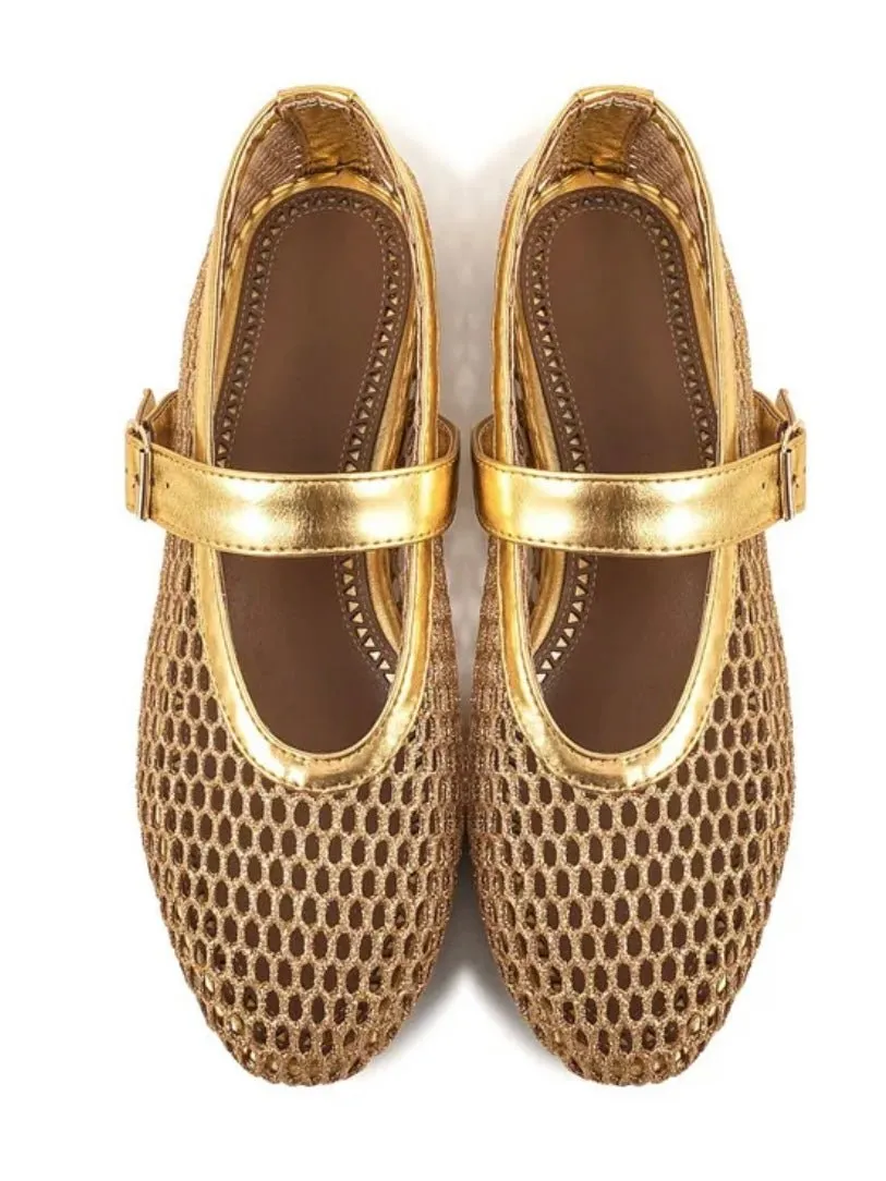 Gold net flats shoes