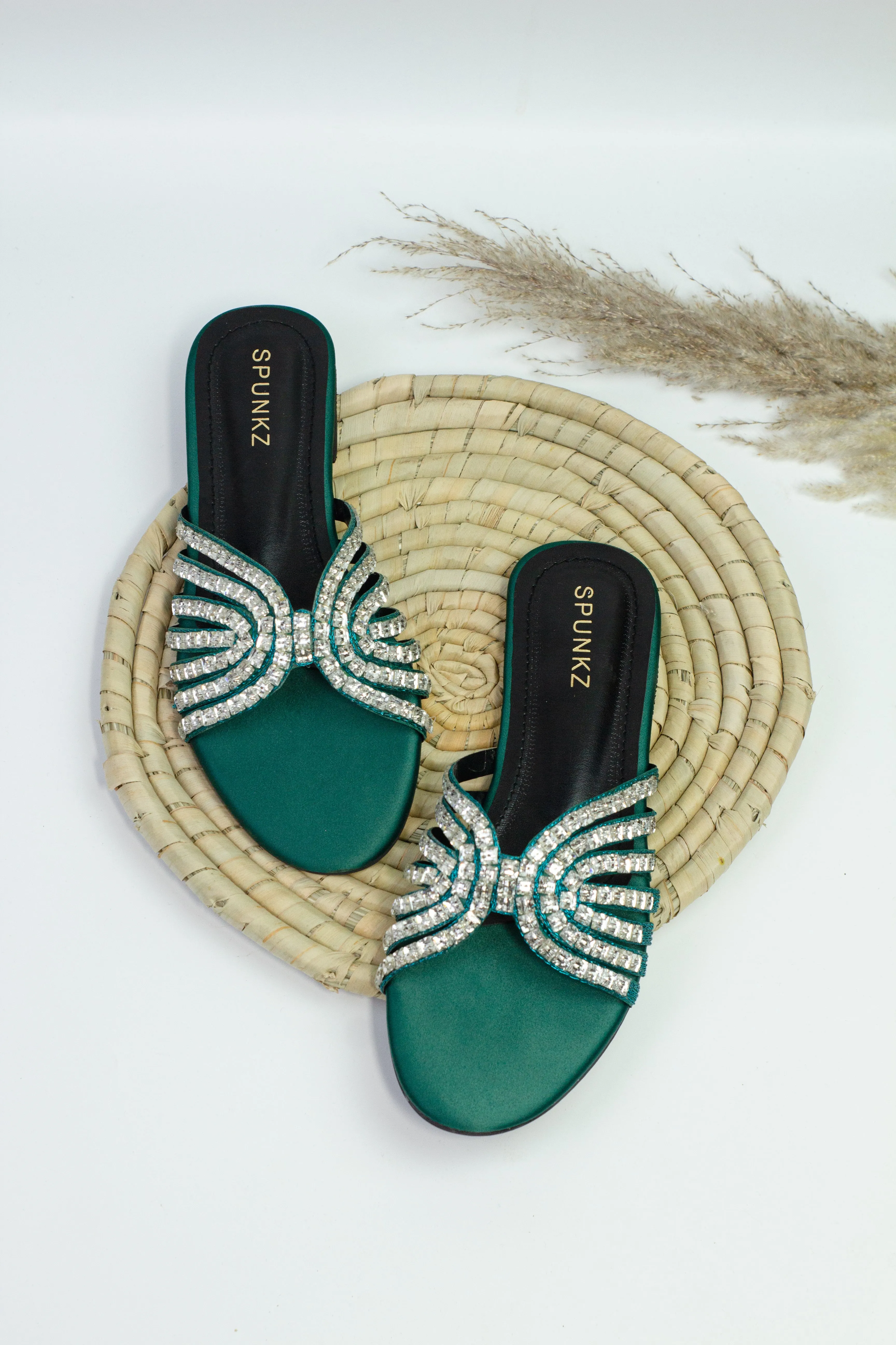 Jamie Green Crystal Stones Embellished Flats Sandals