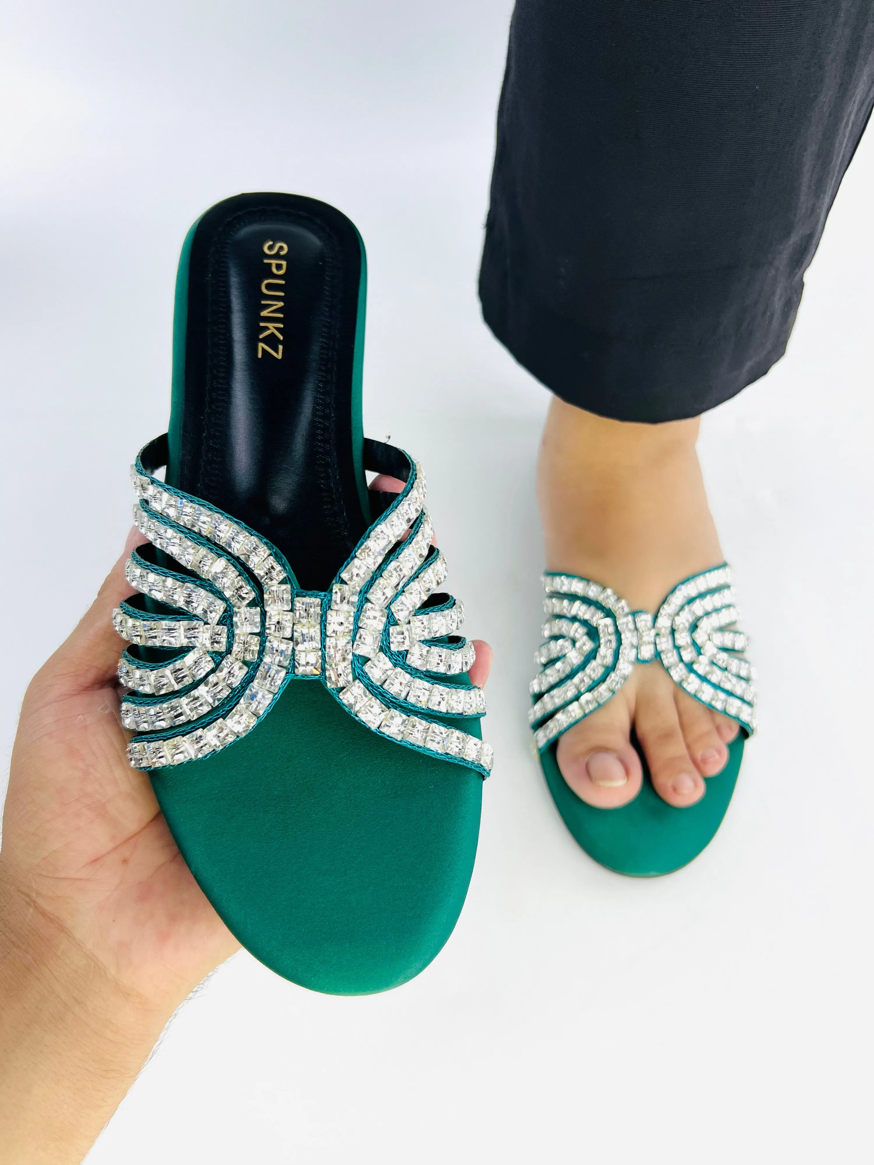 Jamie Green Crystal Stones Embellished Flats Sandals