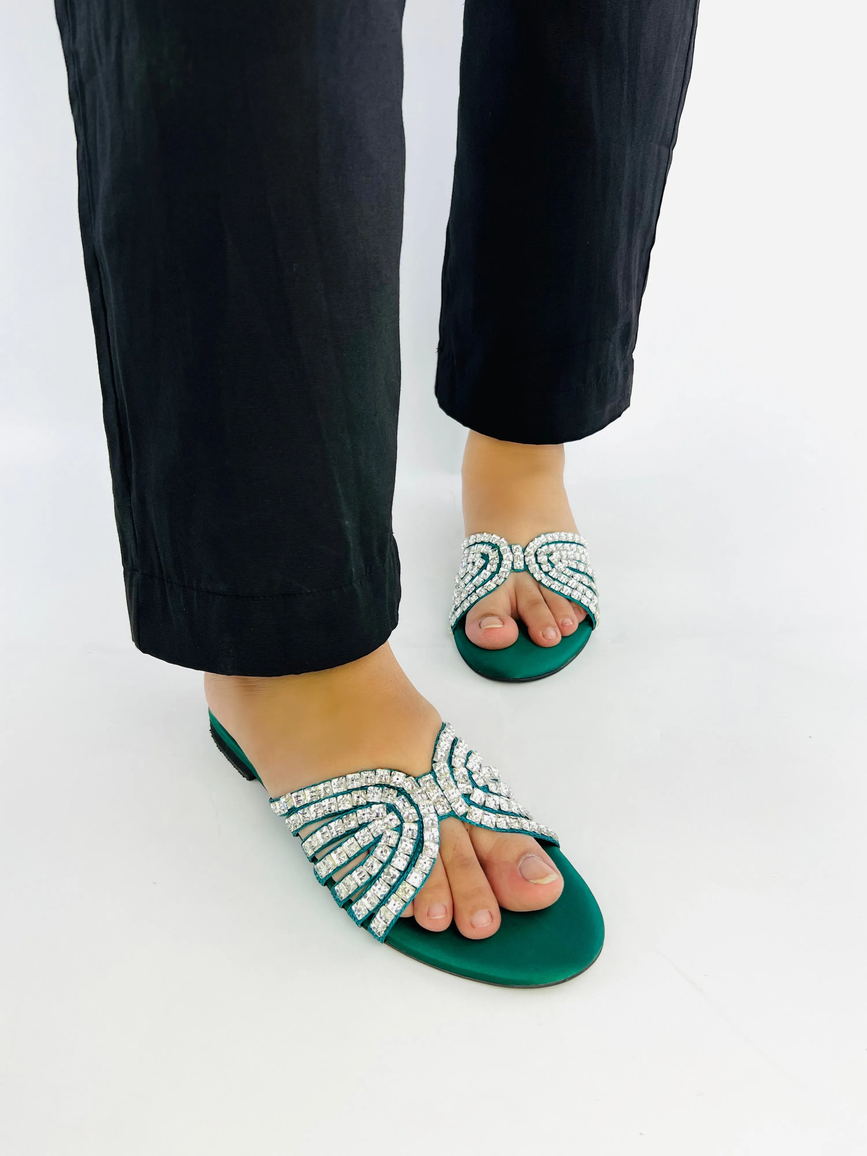 Jamie Green Crystal Stones Embellished Flats Sandals