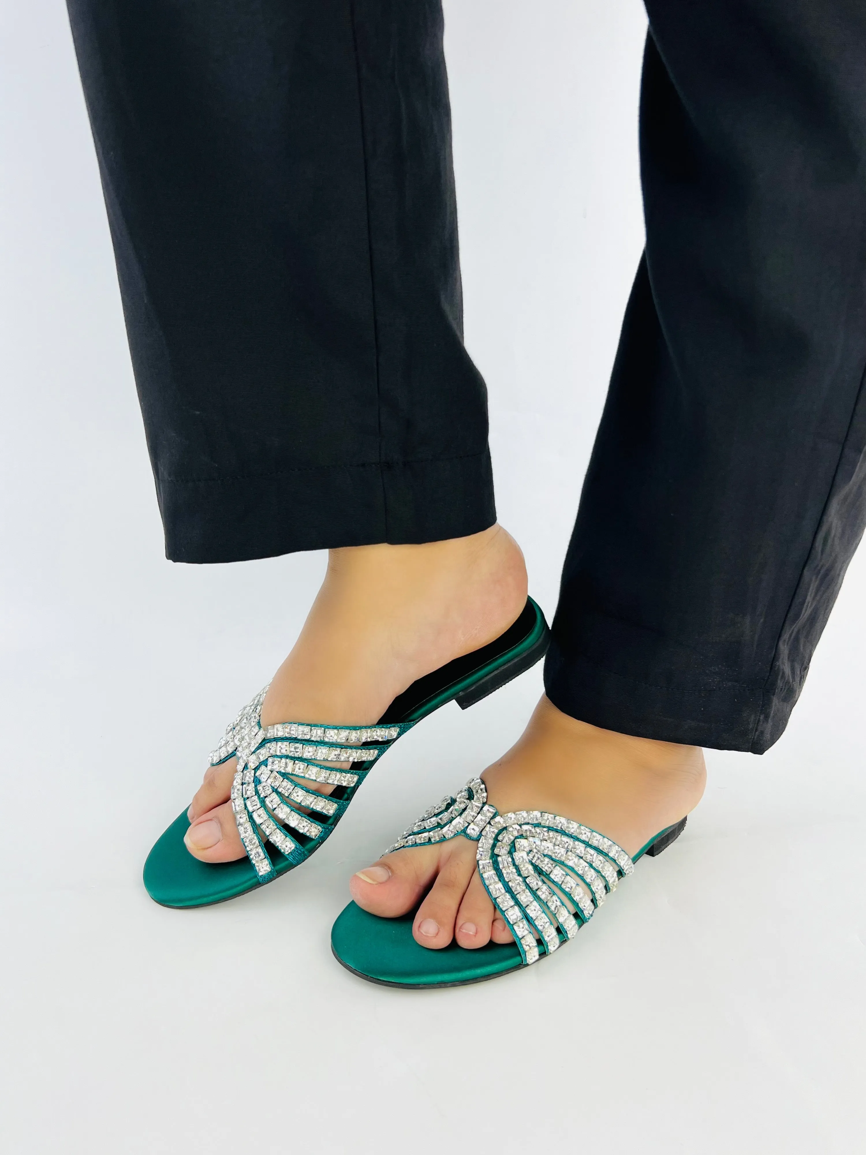 Jamie Green Crystal Stones Embellished Flats Sandals