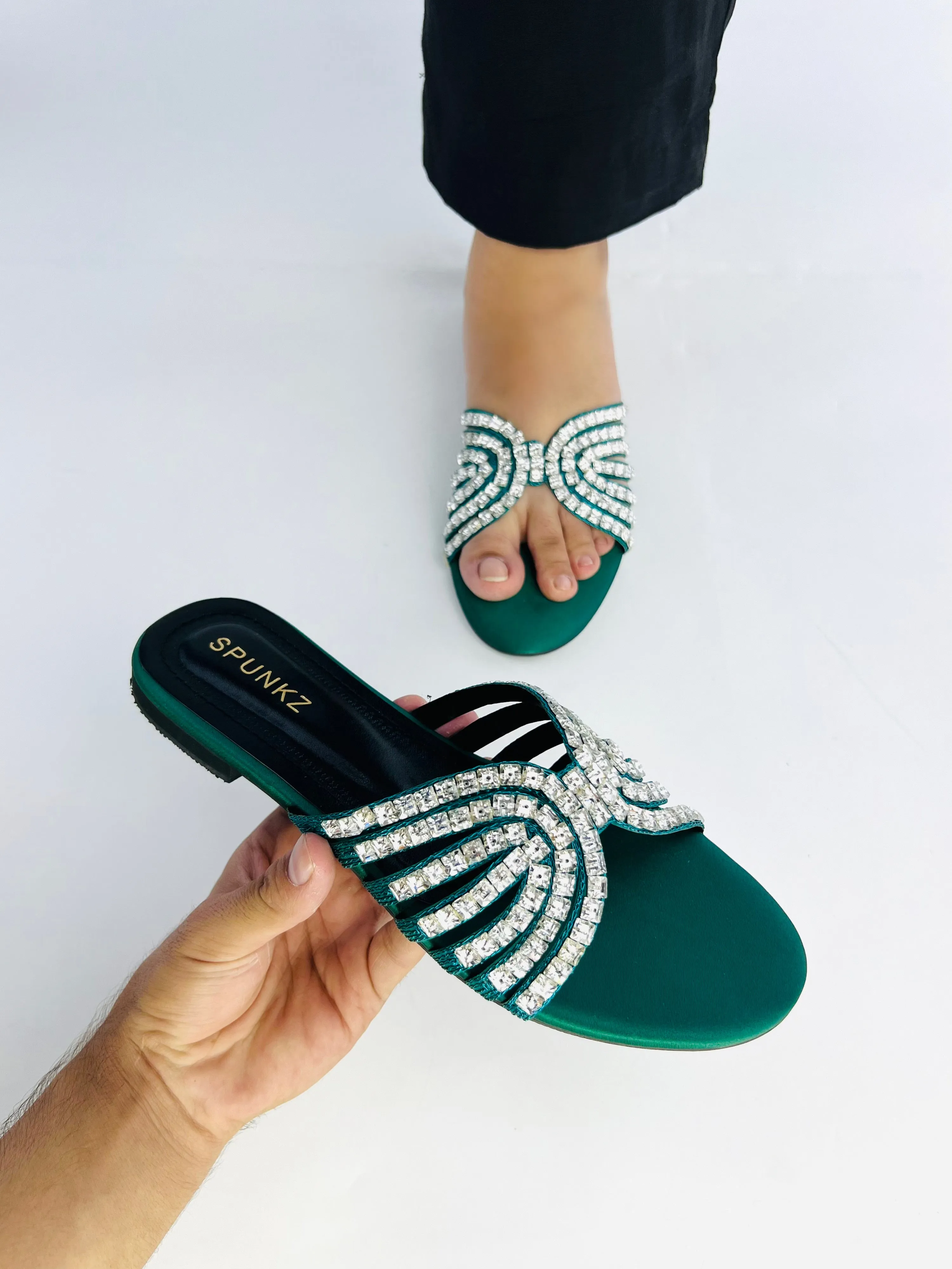 Jamie Green Crystal Stones Embellished Flats Sandals