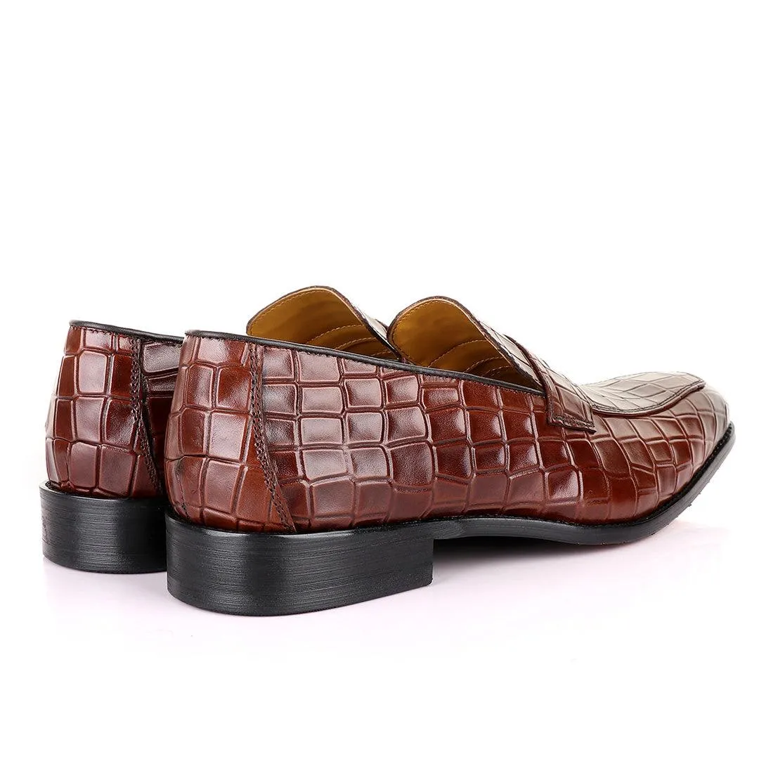 John Mendson Coffee Croc Bit Leather Loafers