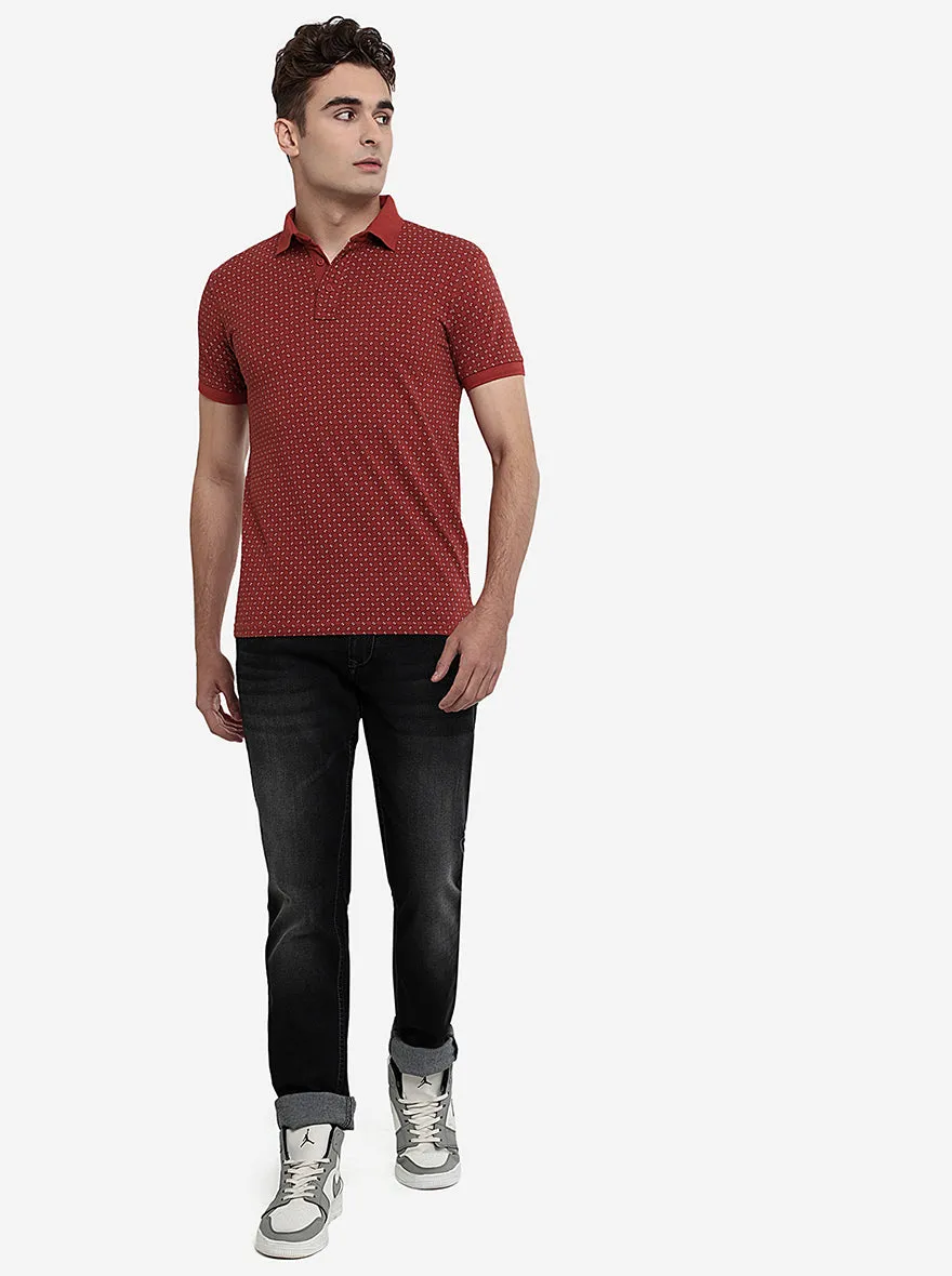 Ketchup Red Printed Slim Fit Polo T-Shirt | JadeBlue