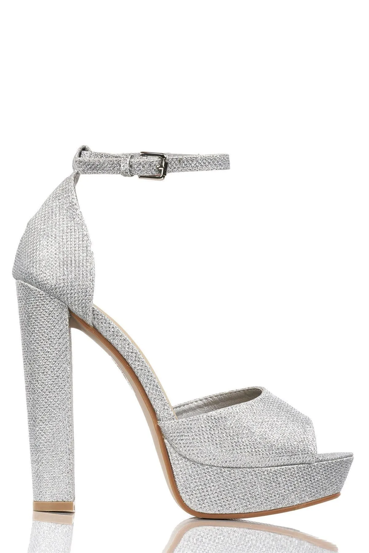 Kirti Anklestrap Platform Peeptoe Sandal in Silver Mesh