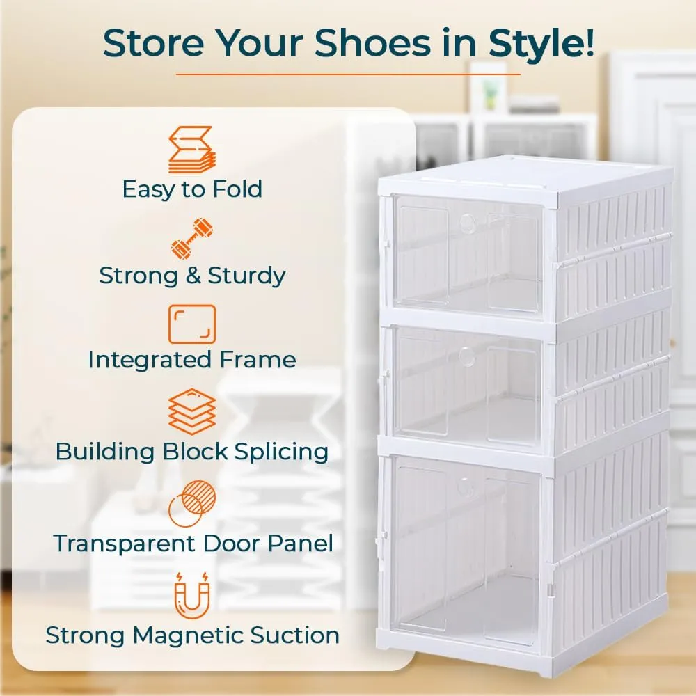 Kuber Industries 3 Layer Shoe Box for Storage|Multi-Purpose Plastic Shoe Rack|Installation Free Shoe Organizer|Pack of 2|White|