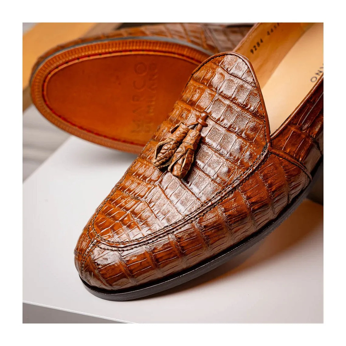 Marco Di Milano Bianchi Men's Shoes Exotic Caiman Crocodile Tassels Loafers (MDM1197)