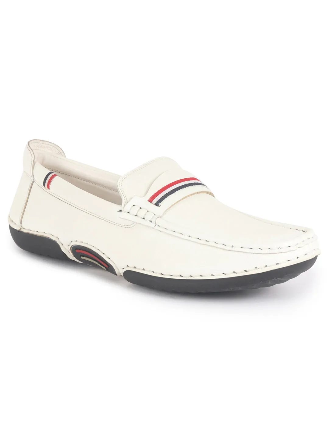 Men White Stitched Stripe Design Classic Slip-Ons Loafer with Flexible Slip Resistant Sole|Slip On Shoes|Casual Shoes