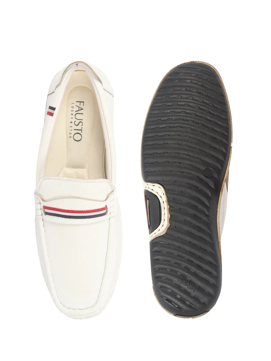 Men White Stitched Stripe Design Classic Slip-Ons Loafer with Flexible Slip Resistant Sole|Slip On Shoes|Casual Shoes