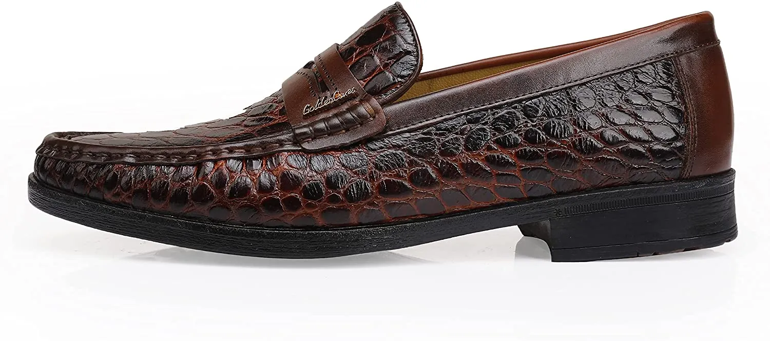 Men's Crocodile Printed Brown Leather Slip-On Penny Loafers