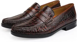 Men's Crocodile Printed Brown Leather Slip-On Penny Loafers