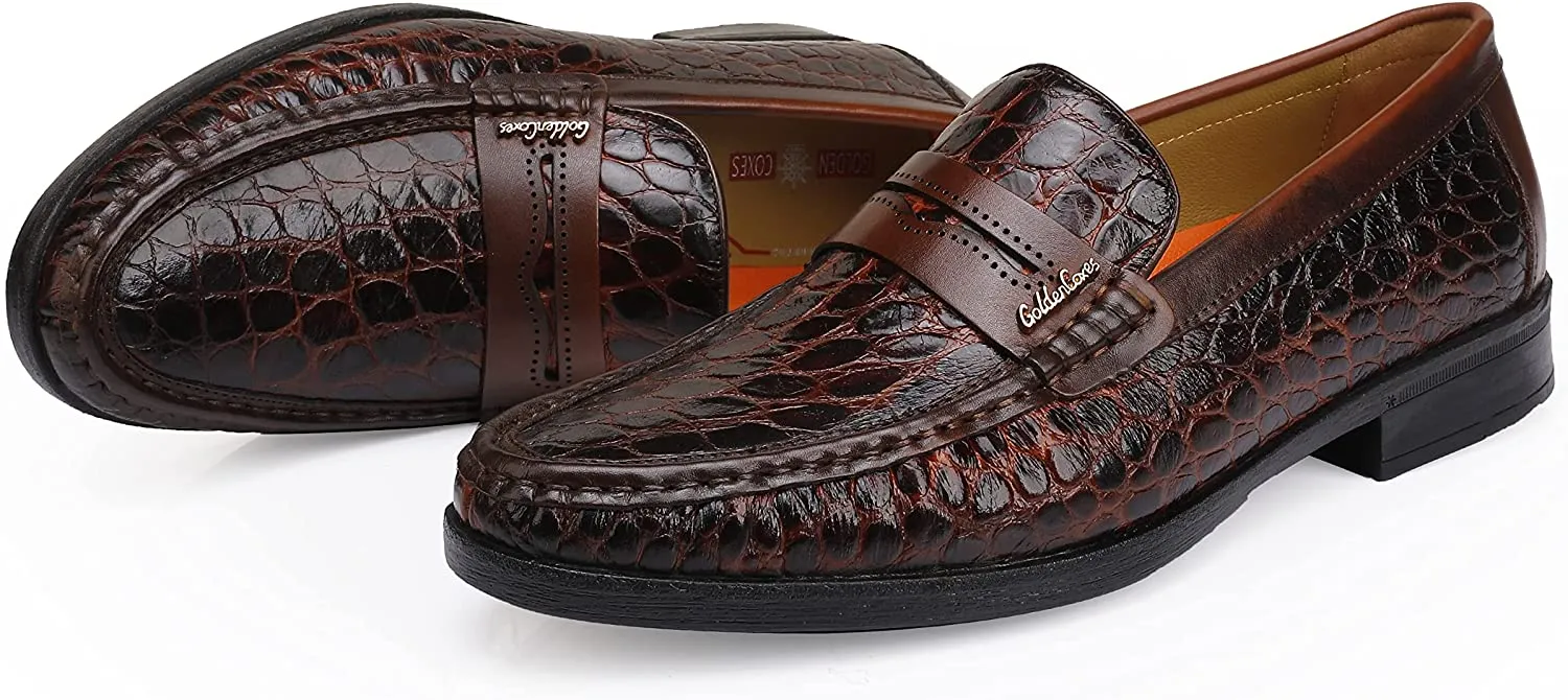 Men's Crocodile Printed Brown Leather Slip-On Penny Loafers