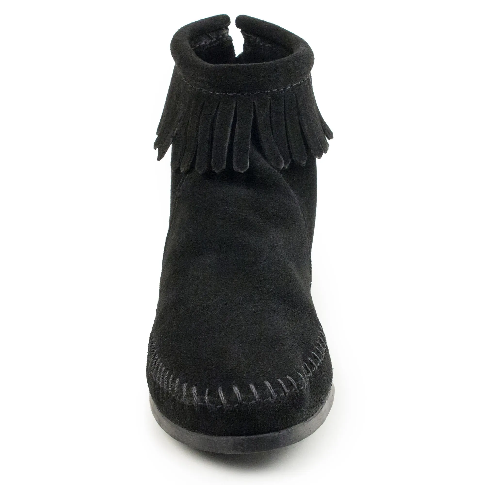 Minnetonka® Women's Black Fringed Hard Sole Suede Leather Ankle Boots