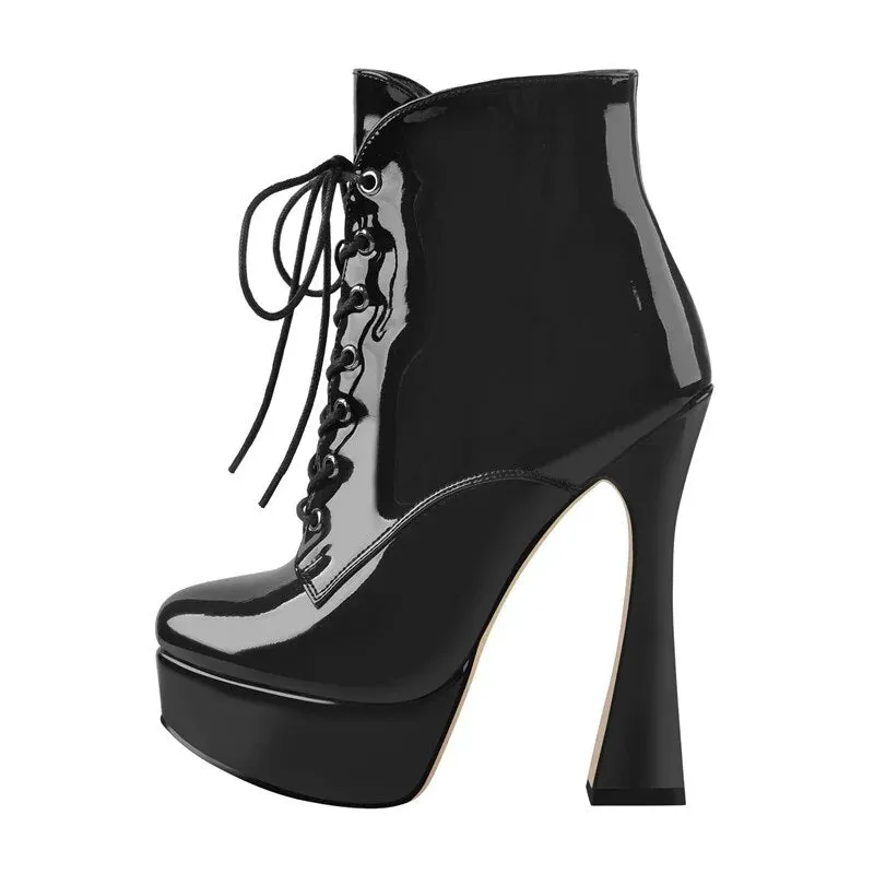 Patent Leather Spike High Heels Lace-Up Ankle Boots