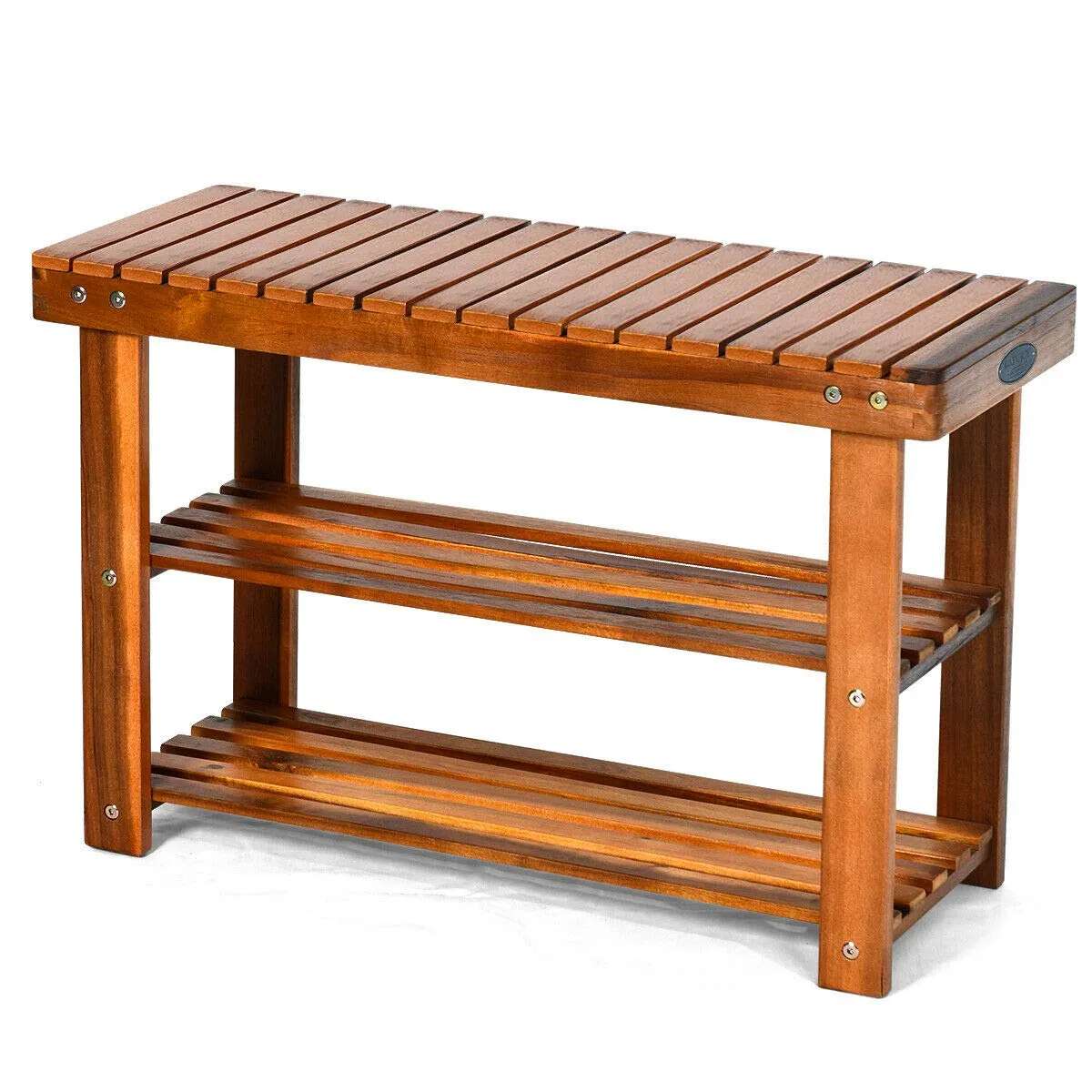 PATIOJOY Shoe Rack Bench, 3-Tier Shoe Organizer, Storage Shelf & Seat, Made of Sturdy Acacia Wood